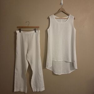 BRYN WALKER 2 Piece Set White Linen Tunic White Linen Pants Lagenlook Women's L